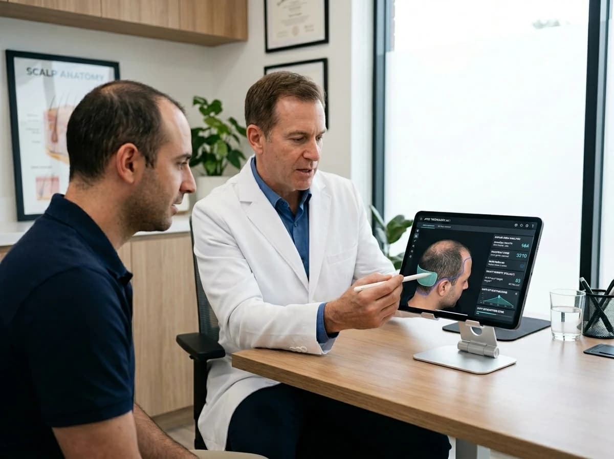 Doctor reviewing a donor-area graft plan with a patient during consultation