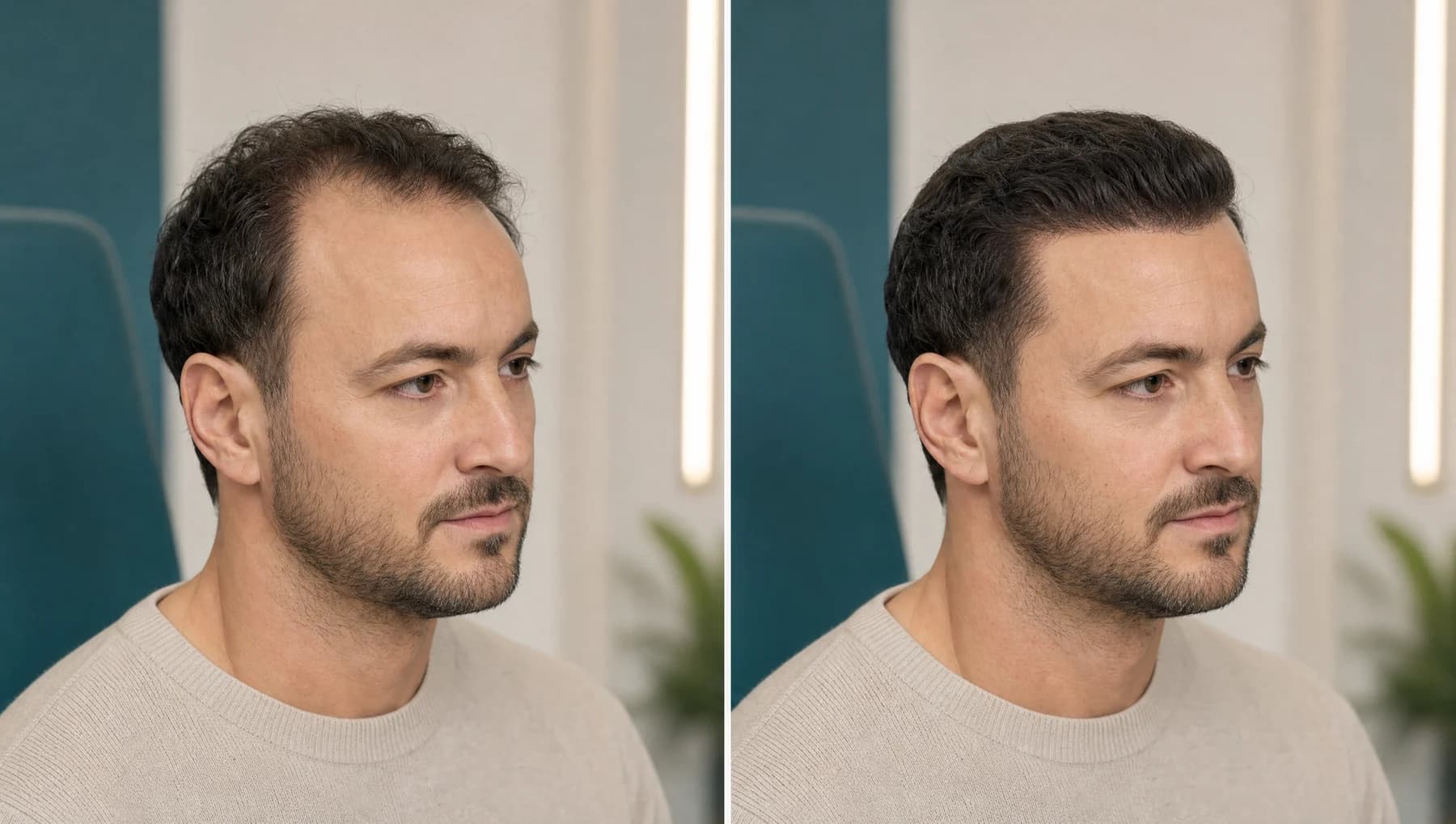Hair transplant consultation reference beside a digital hairline simulation preview